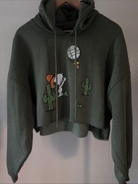 Peanuts Olive Green Cropped Crewneck Hoodie with Snoopy Graphic Size XL